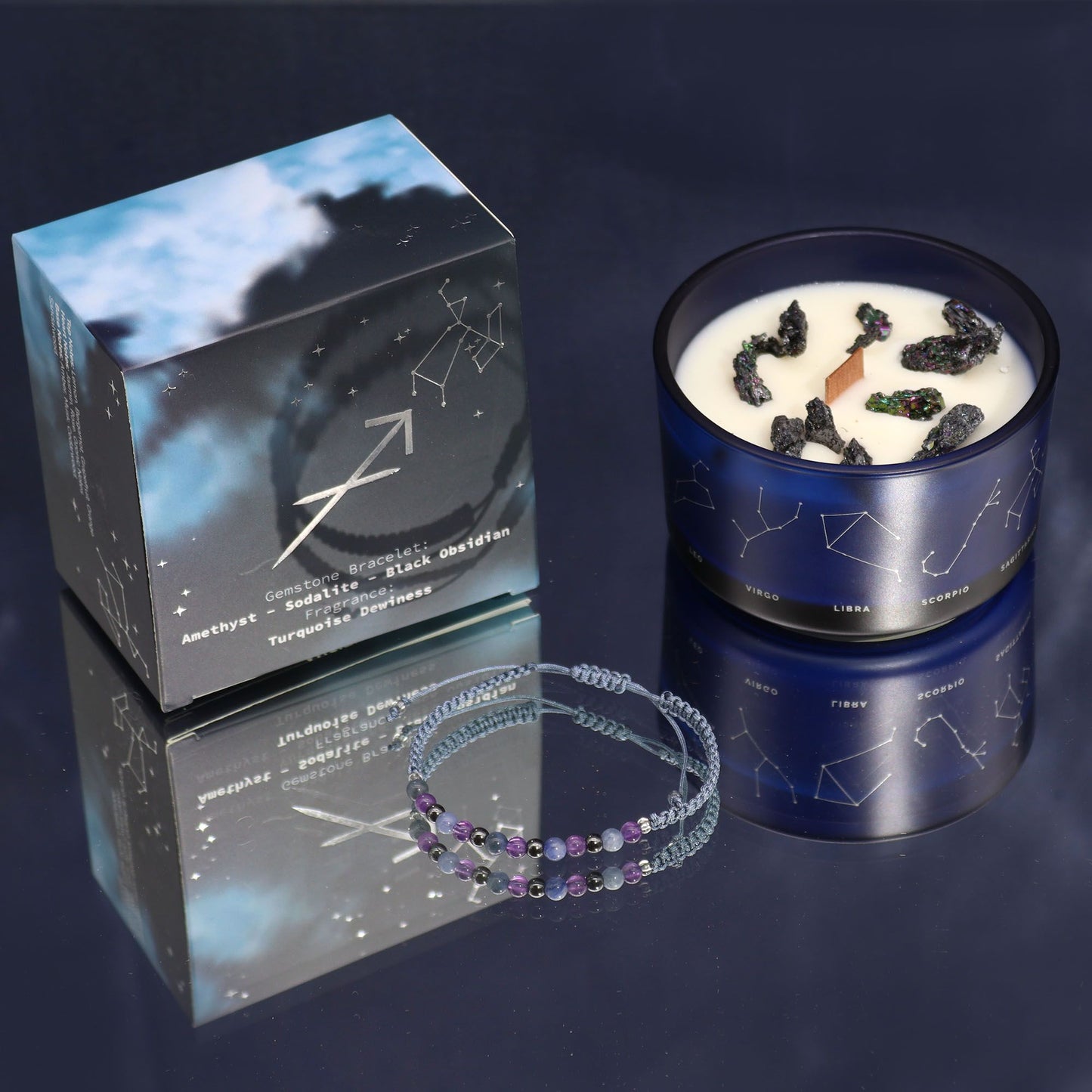 Sagittarius Zodiac Crystal Candle with Gemstone Bracelet | Star Sign Gift for Her