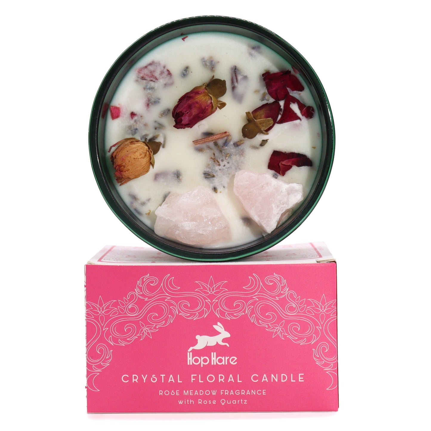 The Lovers Crystal Magic Candle | Rose Meadow | Rose Quartz & Rose Flowers | Romantic Tarot Valentine Gift