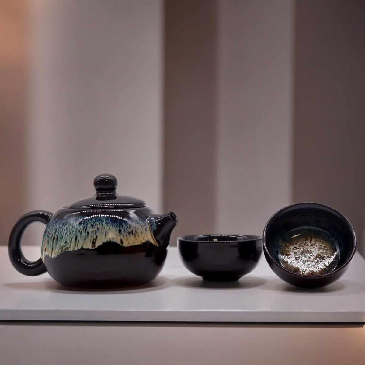 Black Glaze Ceramic Tea Set — Teapot & 2 Cups | Gongfu Style