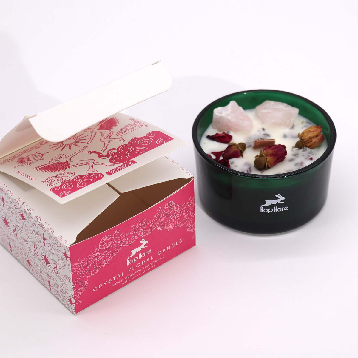 The Lovers Crystal Magic Candle | Rose Meadow | Rose Quartz & Rose Flowers | Romantic Tarot Valentine Gift