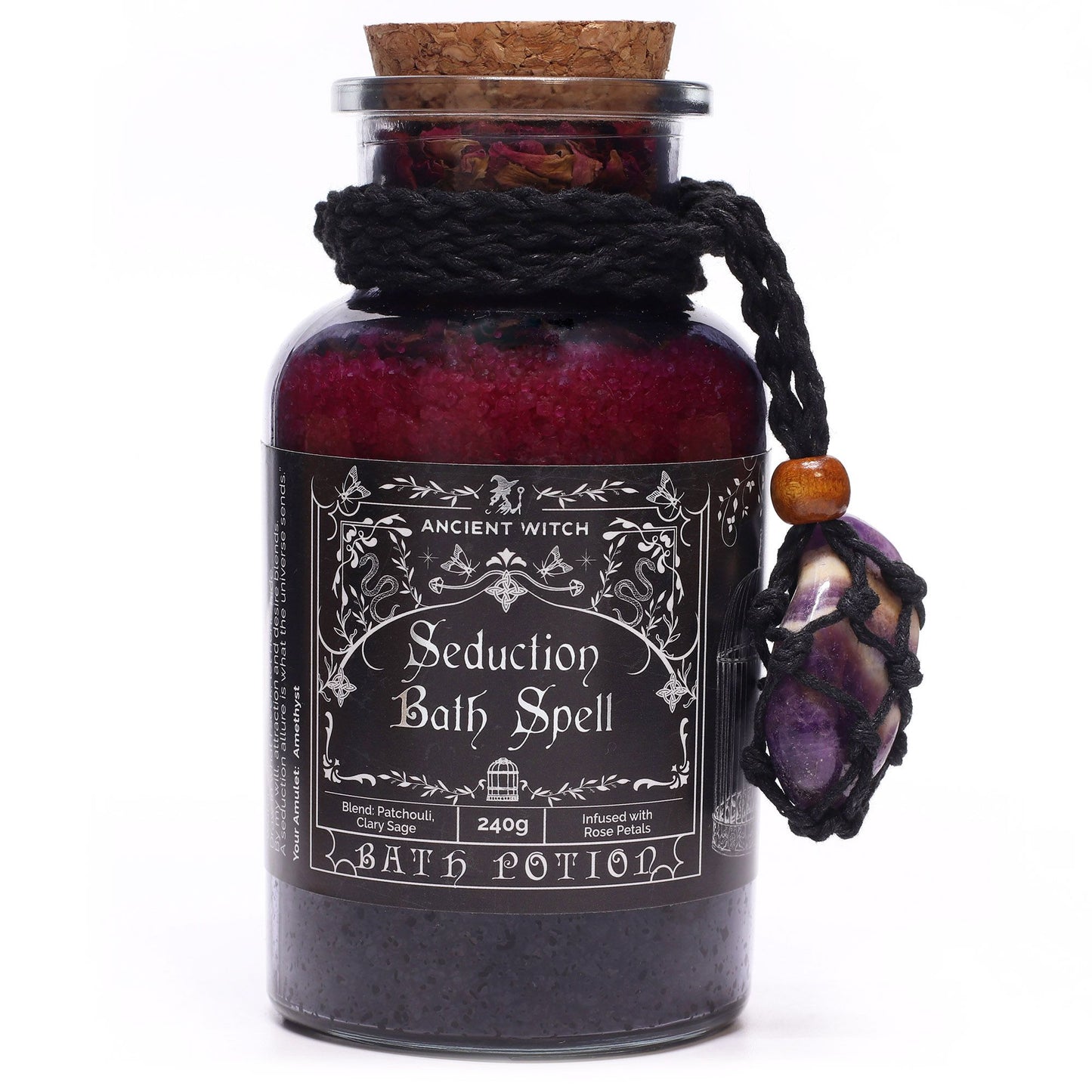 Witch Bath Spell Potion & Amethyst Crystal Amulet | Seduction | Witchy Self-Care Gift