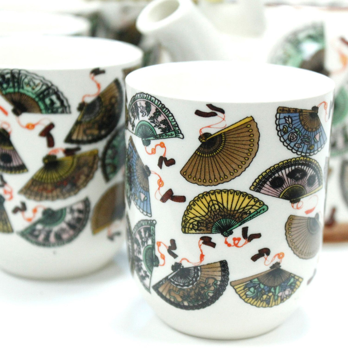 Oriental Fan Ceramic Teapot Set — Teapot & 6 Cups | Loose Leaf Tea Gift