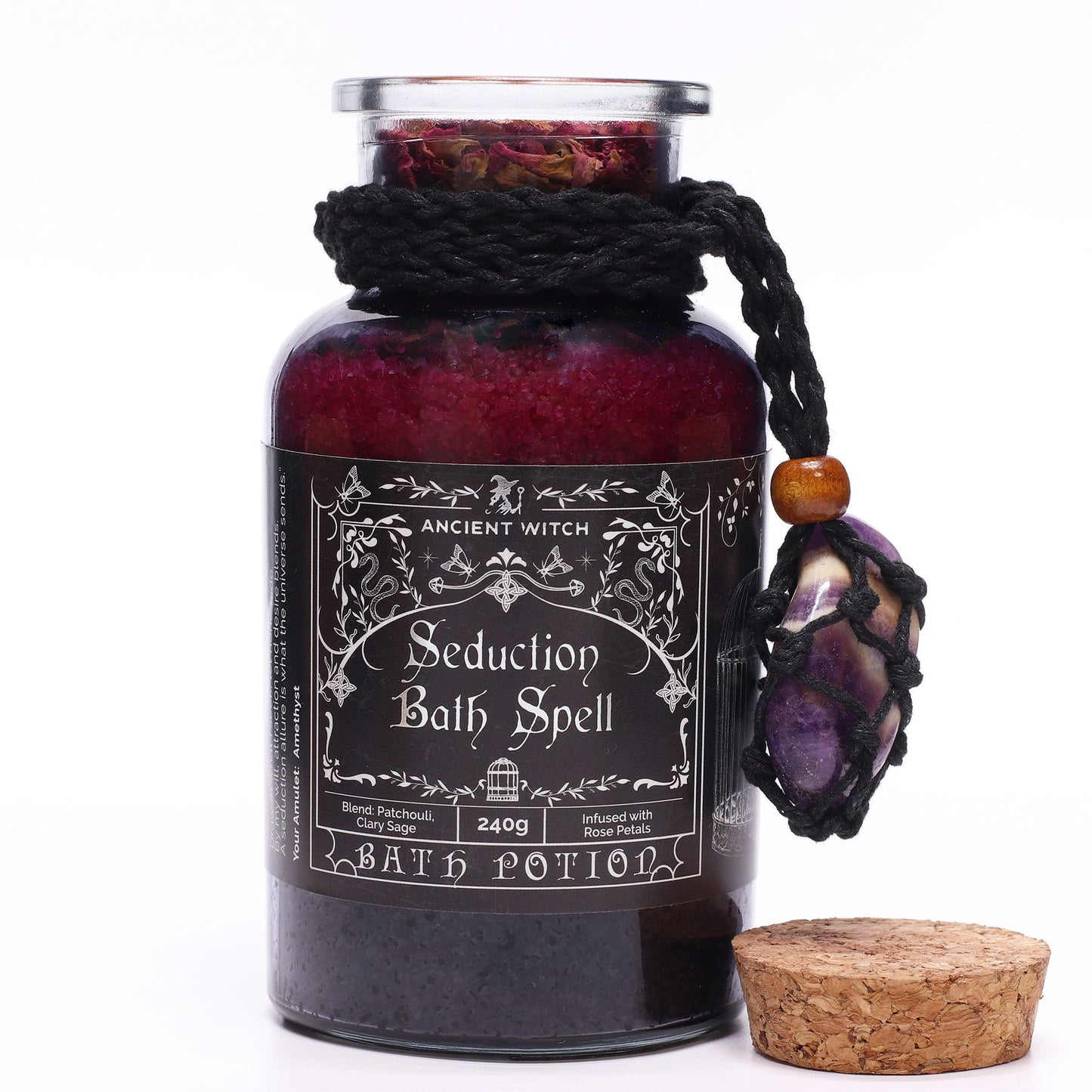 Witch Bath Spell Potion & Amethyst Crystal Amulet | Seduction | Witchy Self-Care Gift