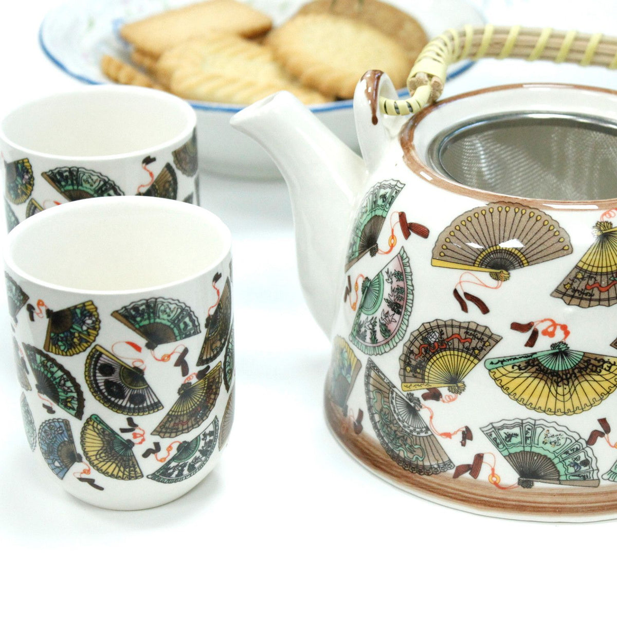 Oriental Fan Ceramic Teapot Set — Teapot & 6 Cups | Loose Leaf Tea Gift