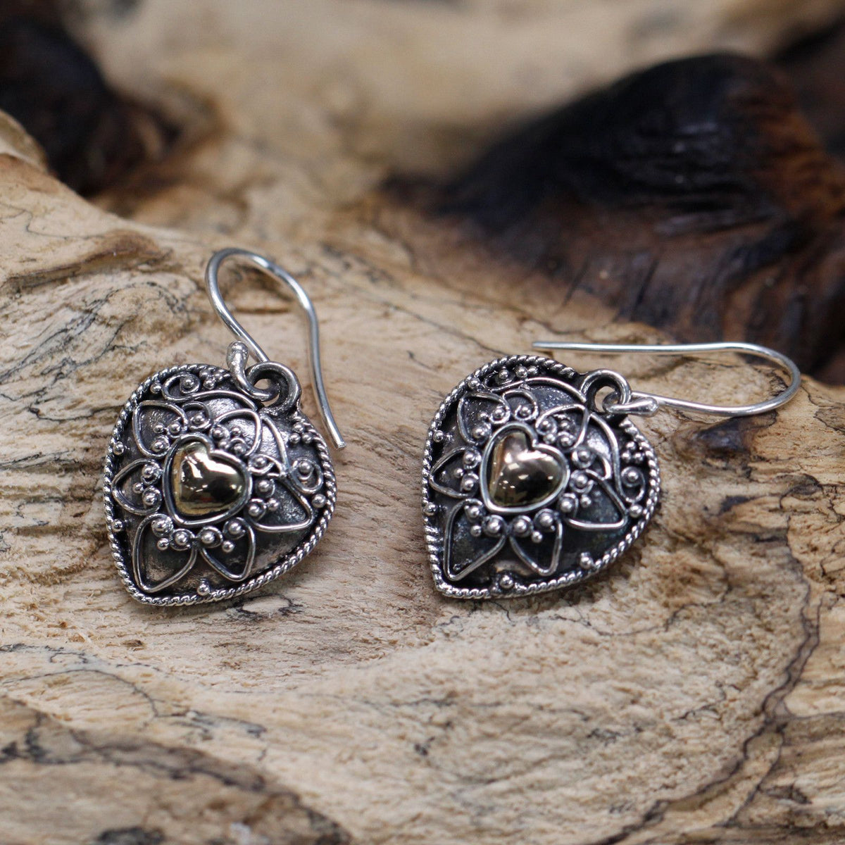 Mandala Hearts Earrings — 18k Gold & 925 Silver | Handmade in Indonesia
