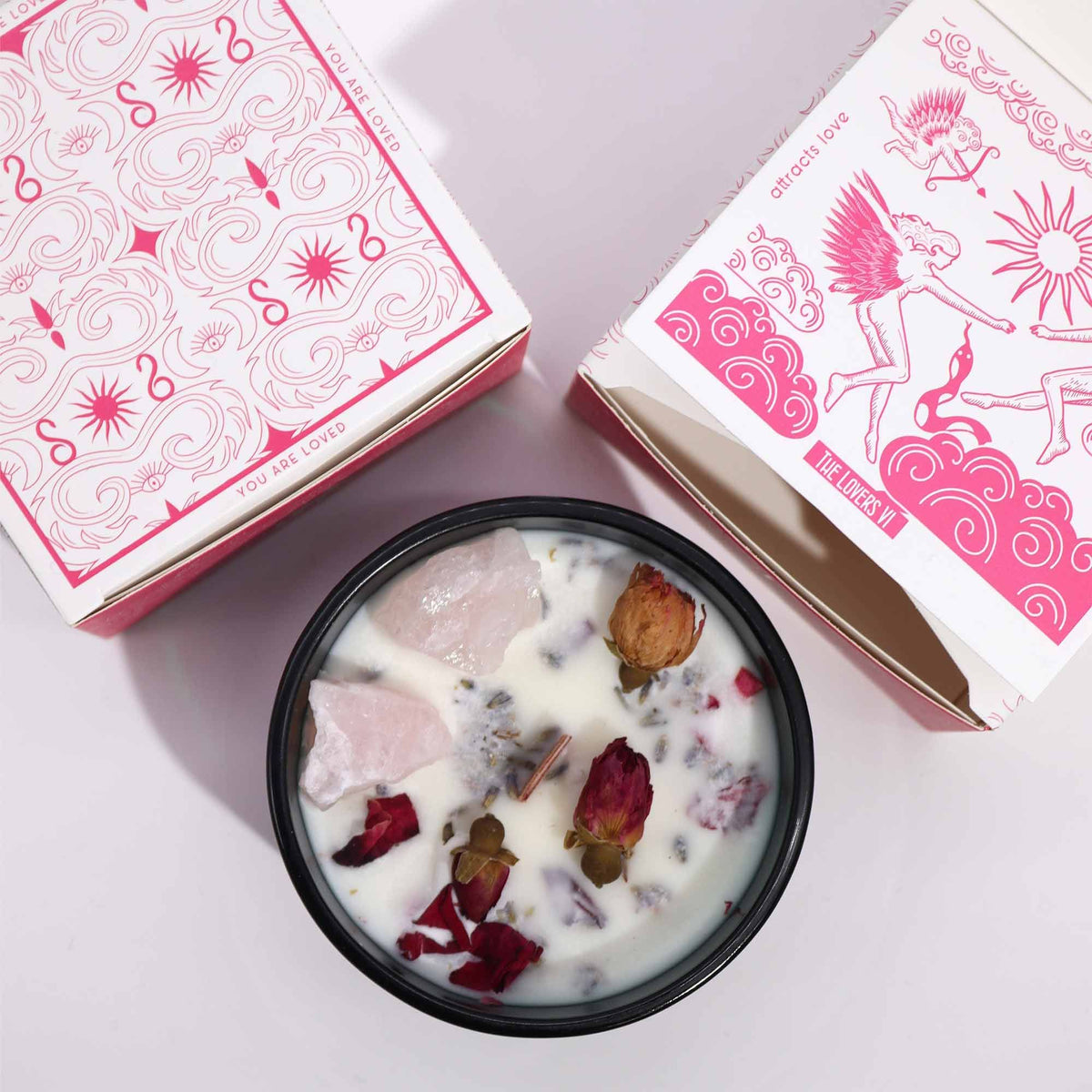 The Lovers Crystal Magic Candle | Rose Meadow | Rose Quartz & Rose Flowers | Romantic Tarot Valentine Gift