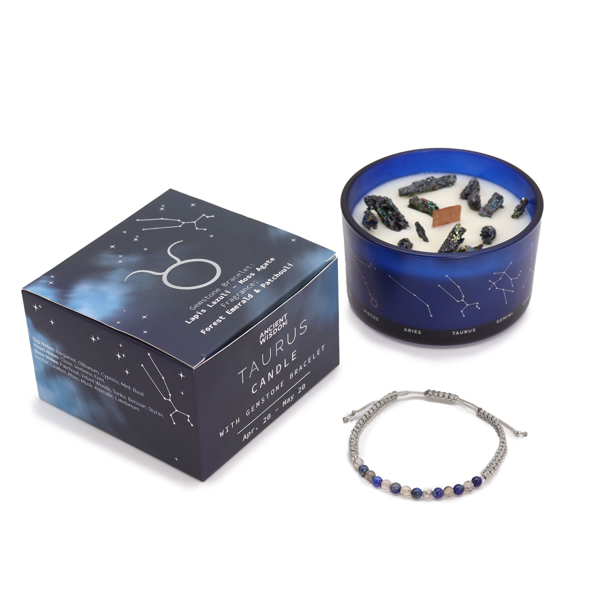 Taurus Zodiac Crystal Candle with Gemstone Bracelet | Star Sign Gift for Her