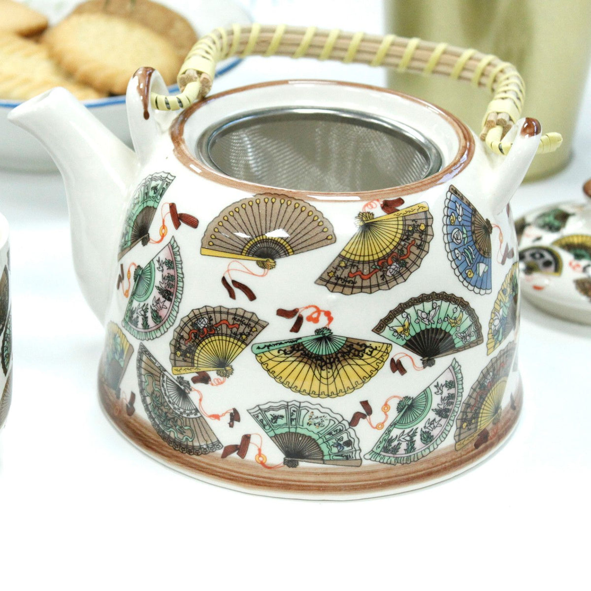 Oriental Fan Ceramic Teapot Set — Teapot & 6 Cups | Loose Leaf Tea Gift