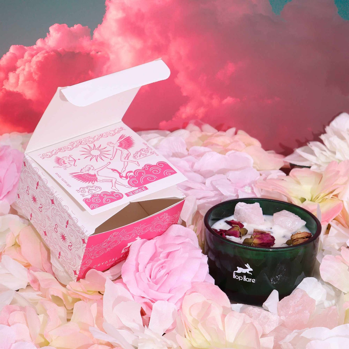 The Lovers Crystal Magic Candle | Rose Meadow | Rose Quartz & Rose Flowers | Romantic Tarot Valentine Gift