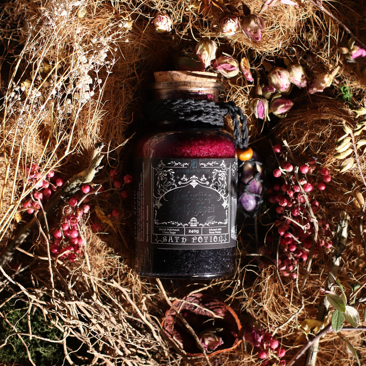 Witch Bath Spell Potion & Amethyst Crystal Amulet | Seduction | Witchy Self-Care Gift