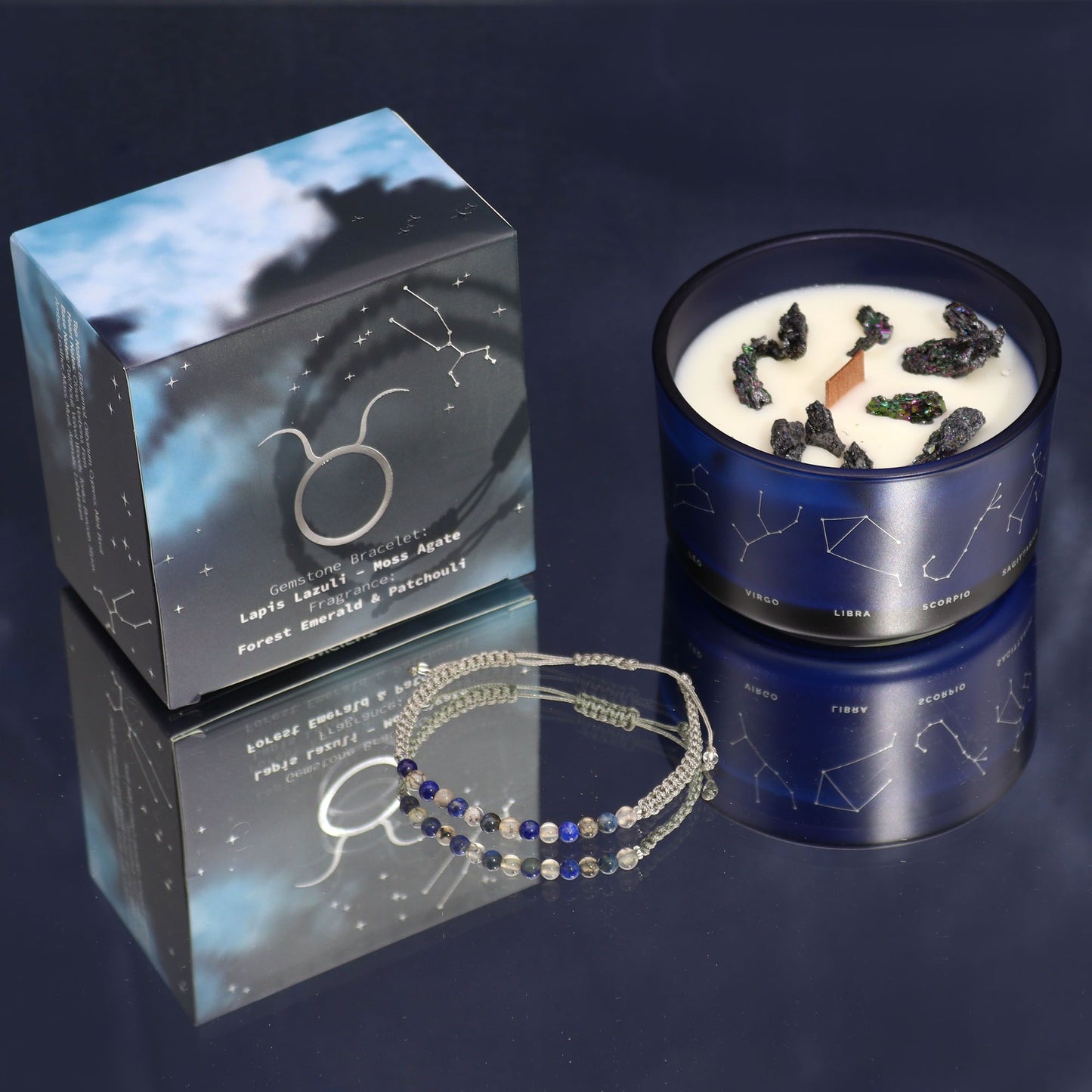 Taurus Zodiac Crystal Candle with Gemstone Bracelet | Star Sign Gift for Her