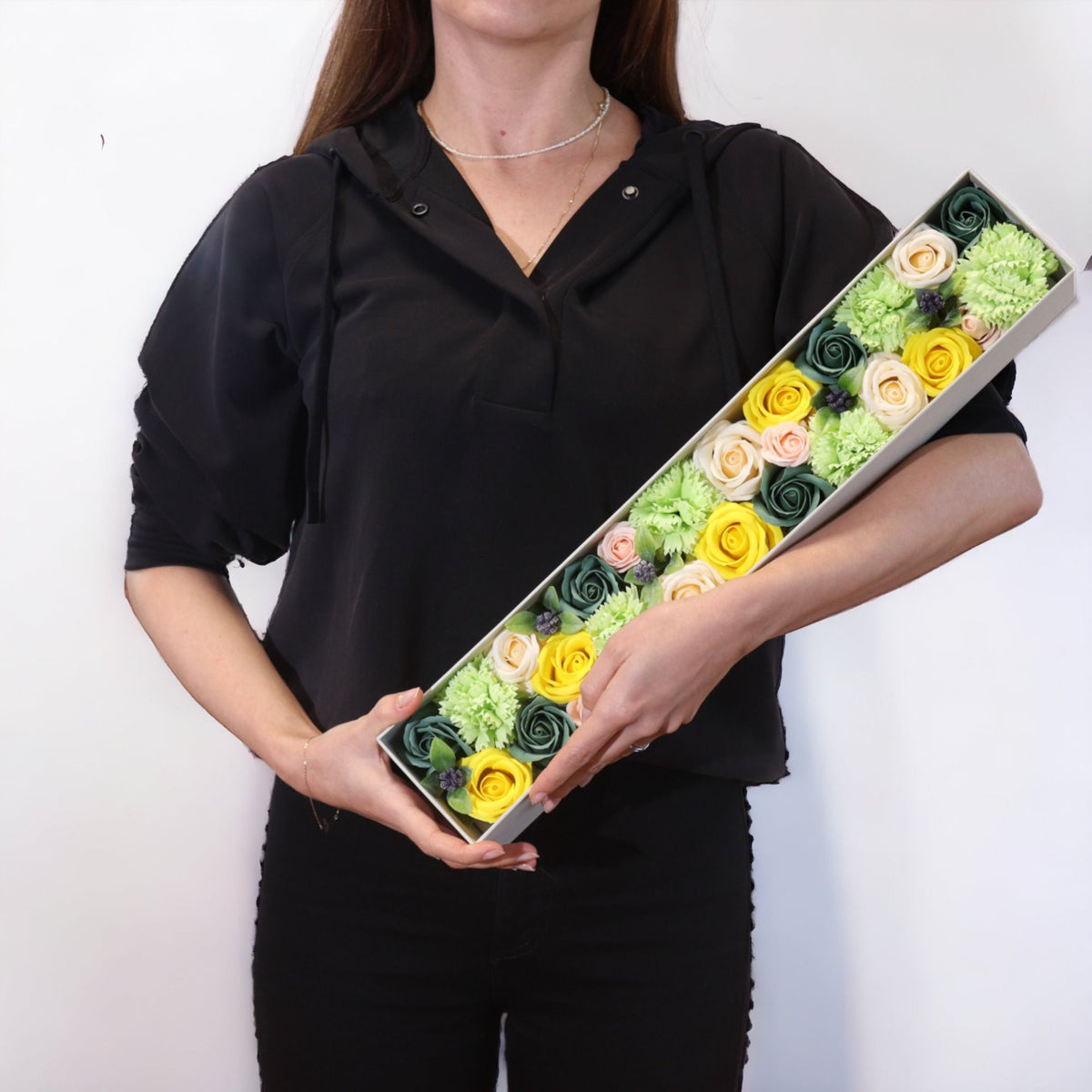 Spring Celebrations Soap Flower Extra Long Gift Box | Yellow & Green | Luxury Floral Gift