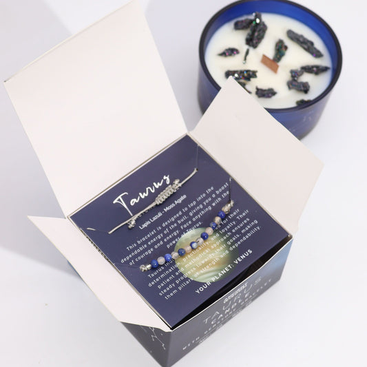 Taurus Zodiac Crystal Candle with Gemstone Bracelet | Star Sign Gift for Her