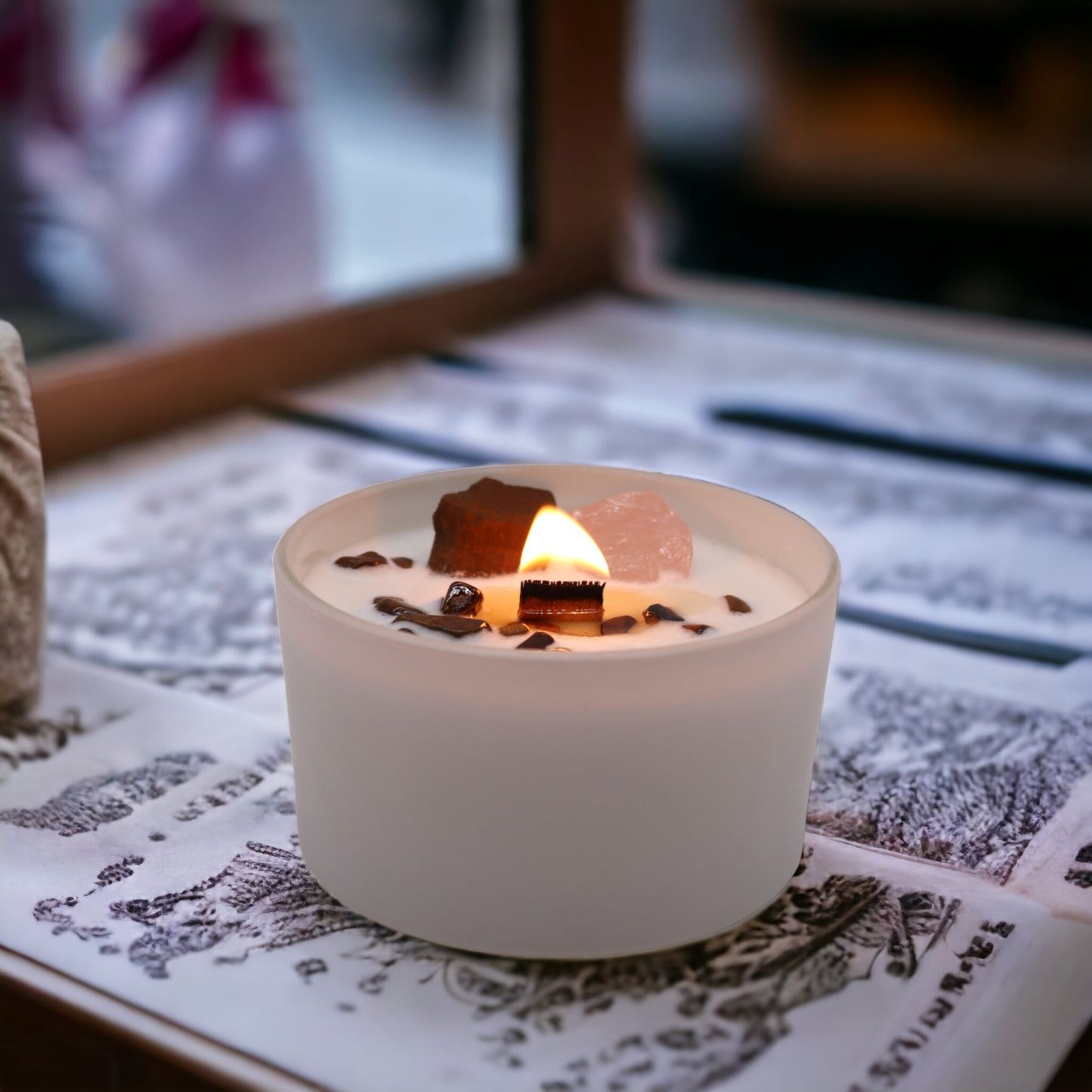 Sacral Chakra Crystal Candle | Invoking Dreams | Tiger Eye & Rose Quartz | Creativity & Passion Gift