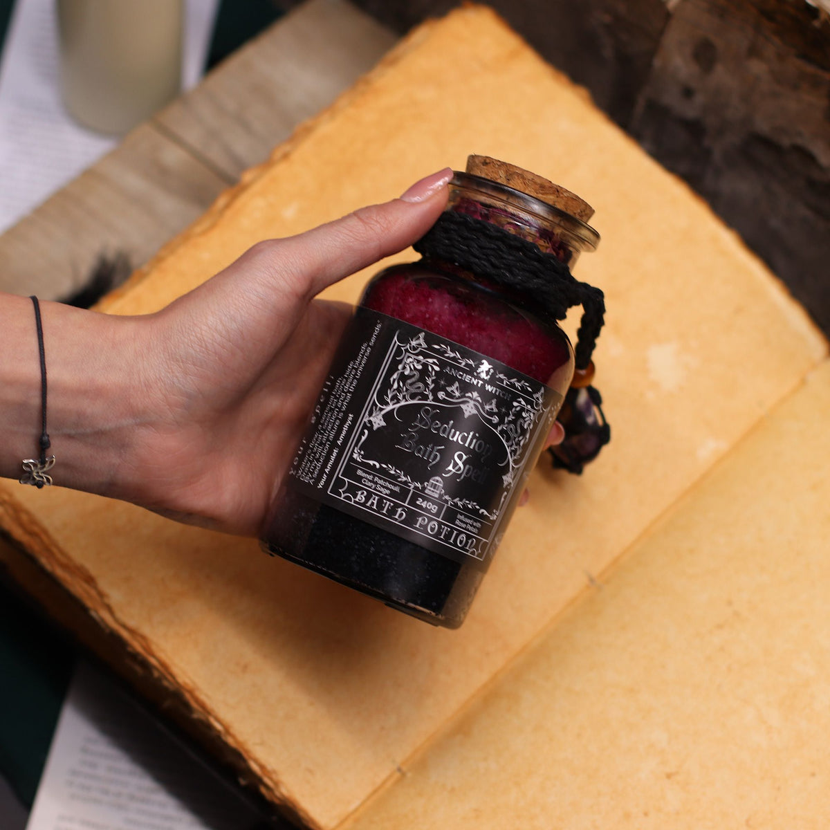 Witch Bath Spell Potion & Amethyst Crystal Amulet | Seduction | Witchy Self-Care Gift