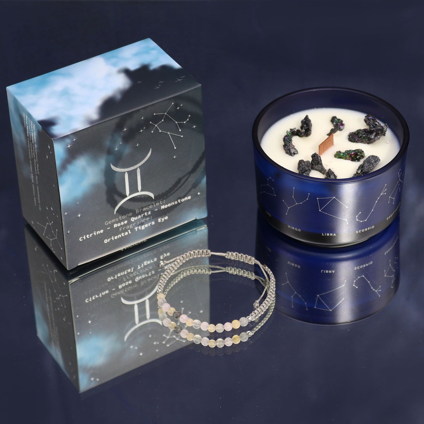 Gemini Zodiac Crystal Candle with Gemstone Bracelet | Star Sign Gift for Her
