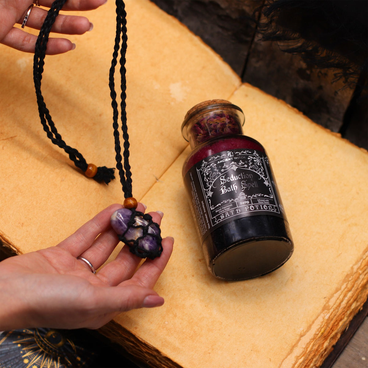 Witch Bath Spell Potion & Rock Crystal Amulet | Cleansing | Witchy Self-Care Gift