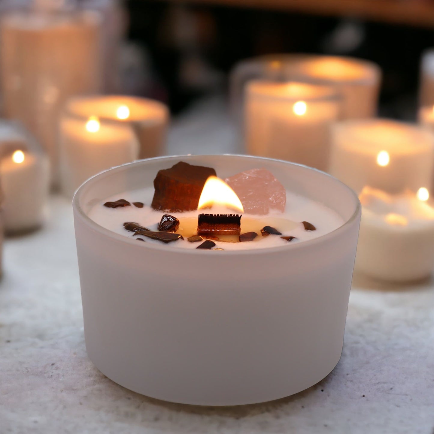 Sacral Chakra Crystal Candle | Invoking Dreams | Tiger Eye & Rose Quartz | Creativity & Passion Gift