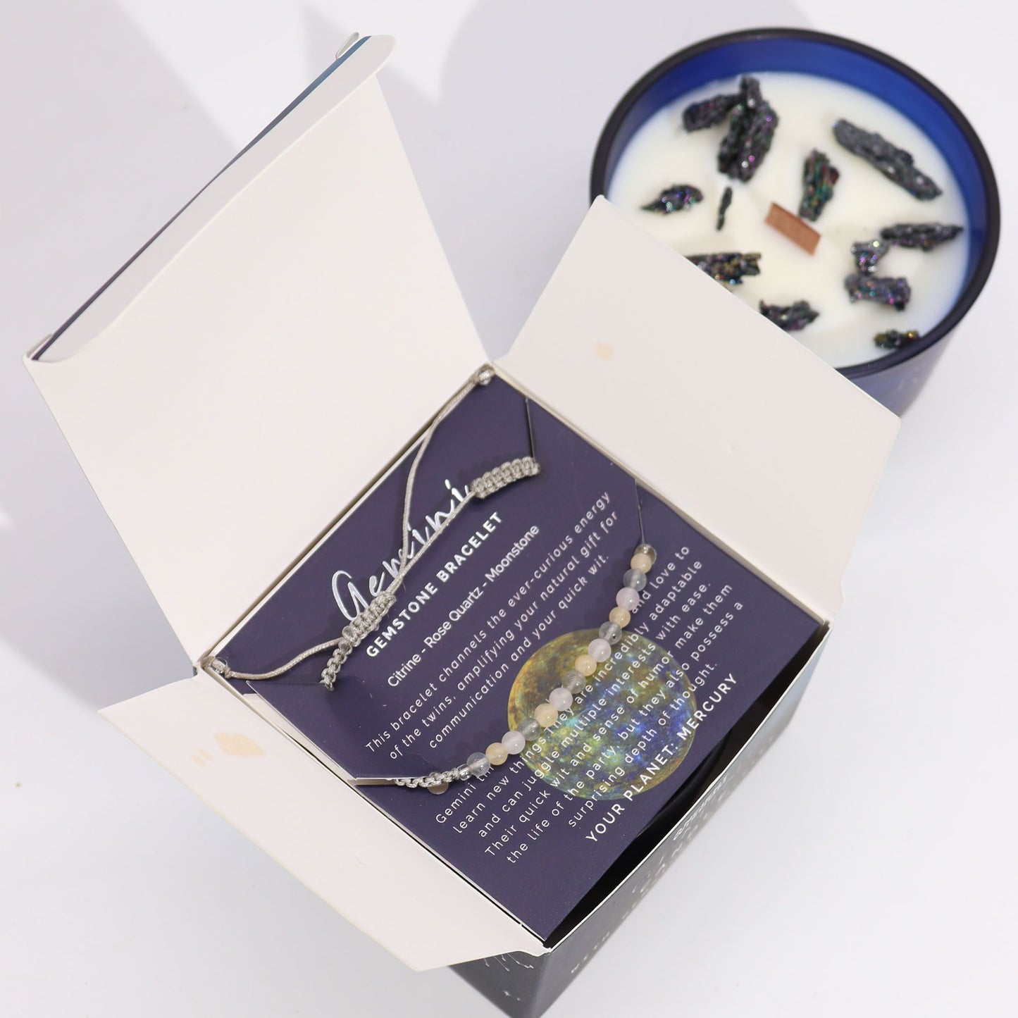 Gemini Zodiac Crystal Candle with Gemstone Bracelet | Star Sign Gift for Her