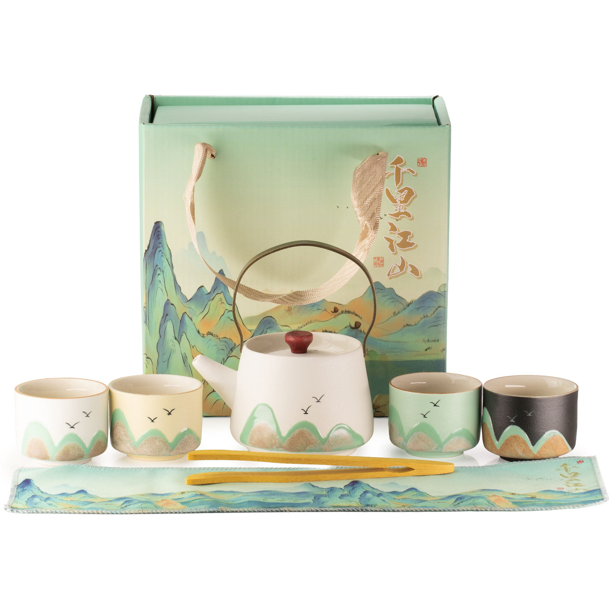 Thousand Miles Ceramic Tea Set — Teapot, 4 Cups & Ceremonial Cloth | Bamboo Grip