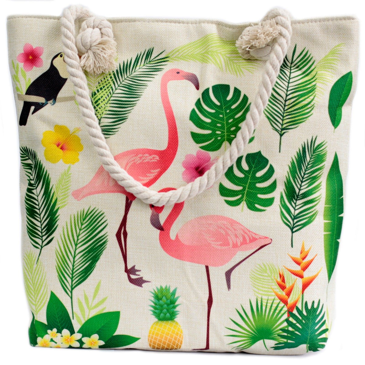 Rope Handle Tote Bag | Flamingo & Tropical Leaves | Canvas Beach Bag