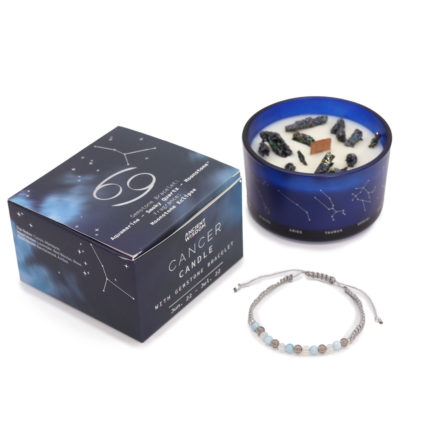 Cancer Zodiac Crystal Candle with Gemstone Bracelet | Star Sign Gift for Her