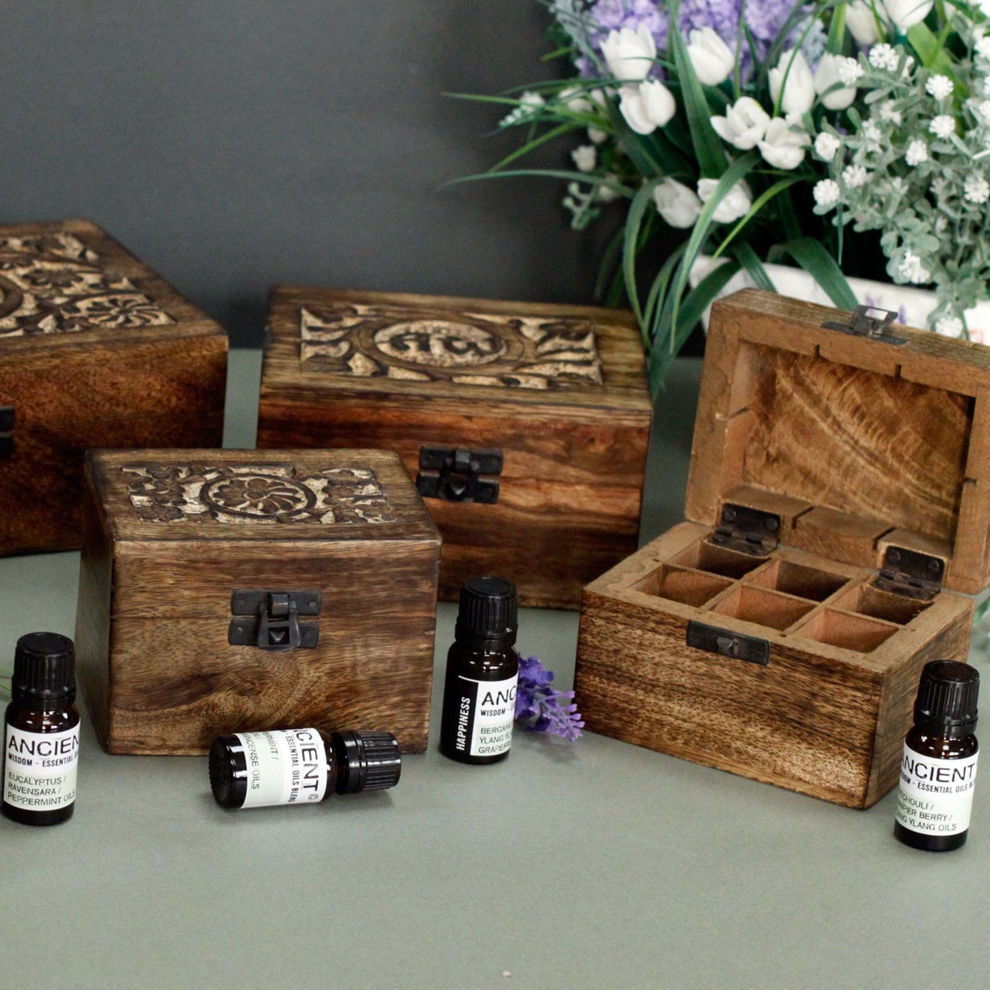Mango Wood Aromatherapy Storage Box | Holds 24 Essential Oil Bottles | Organisation Gift