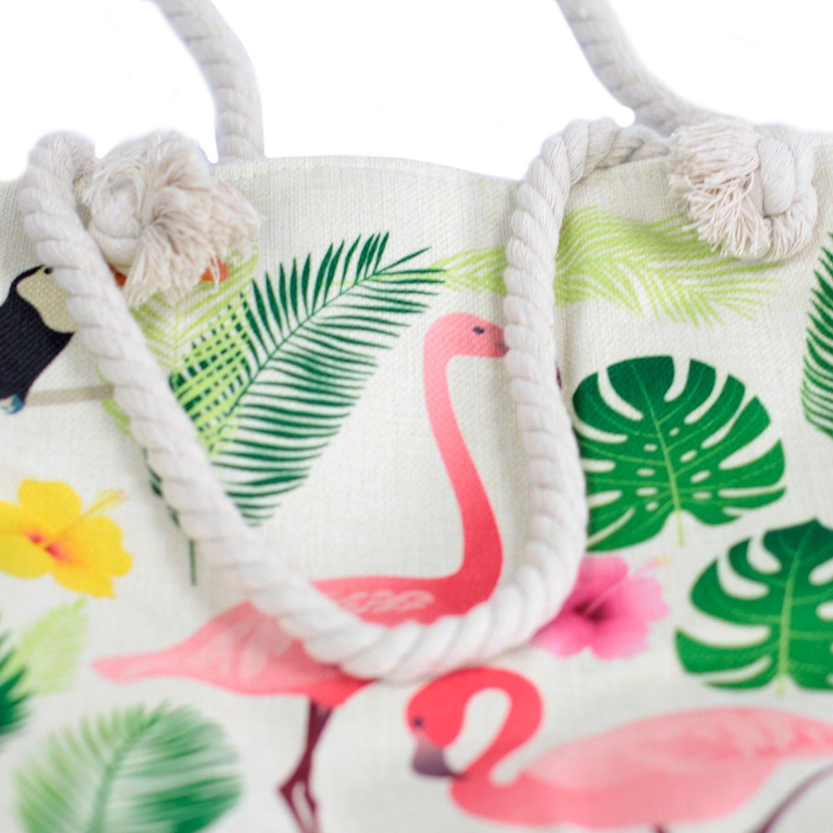 Rope Handle Tote Bag | Flamingo & Tropical Leaves | Canvas Beach Bag