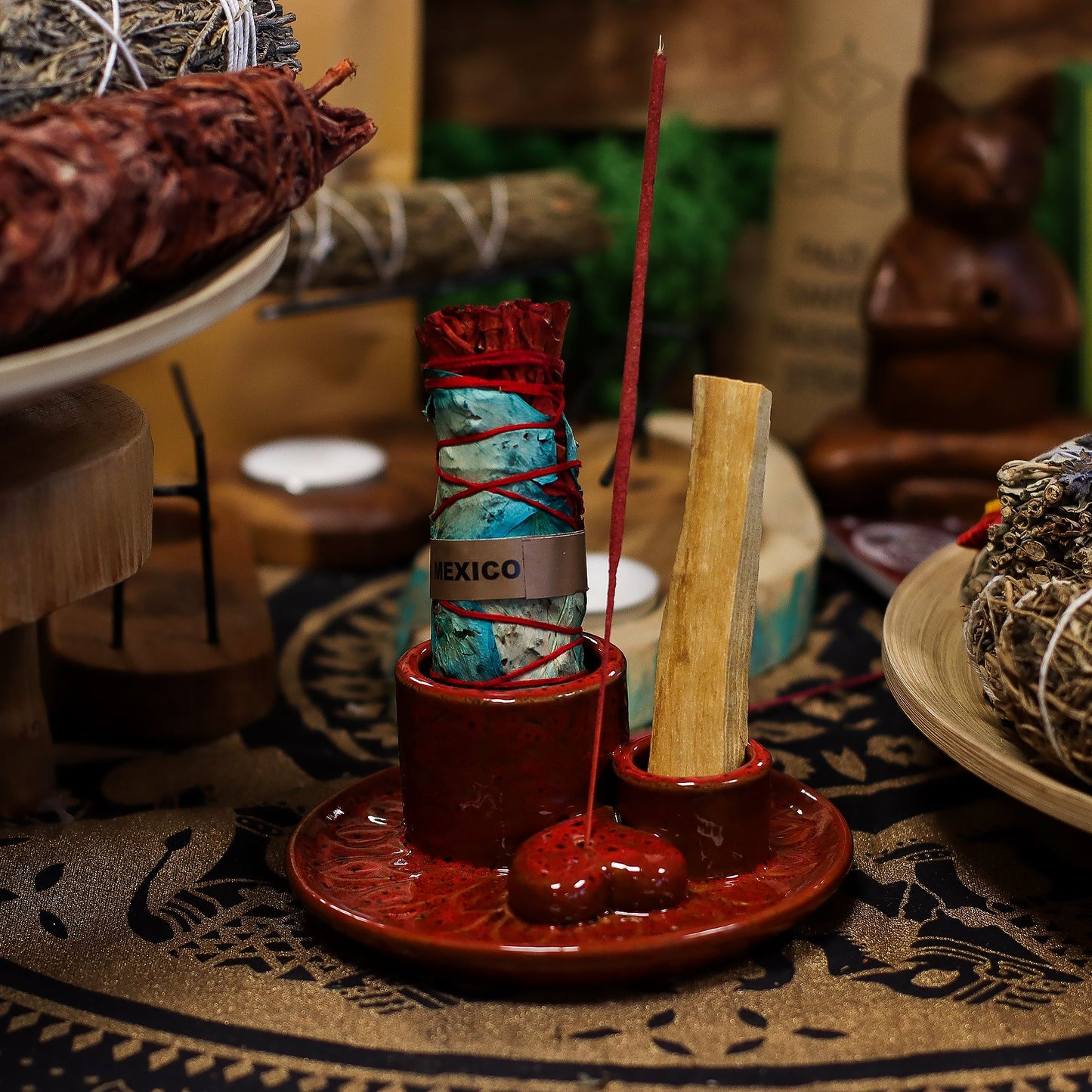 Palo Santo Smudge Stick & Red Mandala Heart Ceramic Holder | Spiritual Cleansing Gift