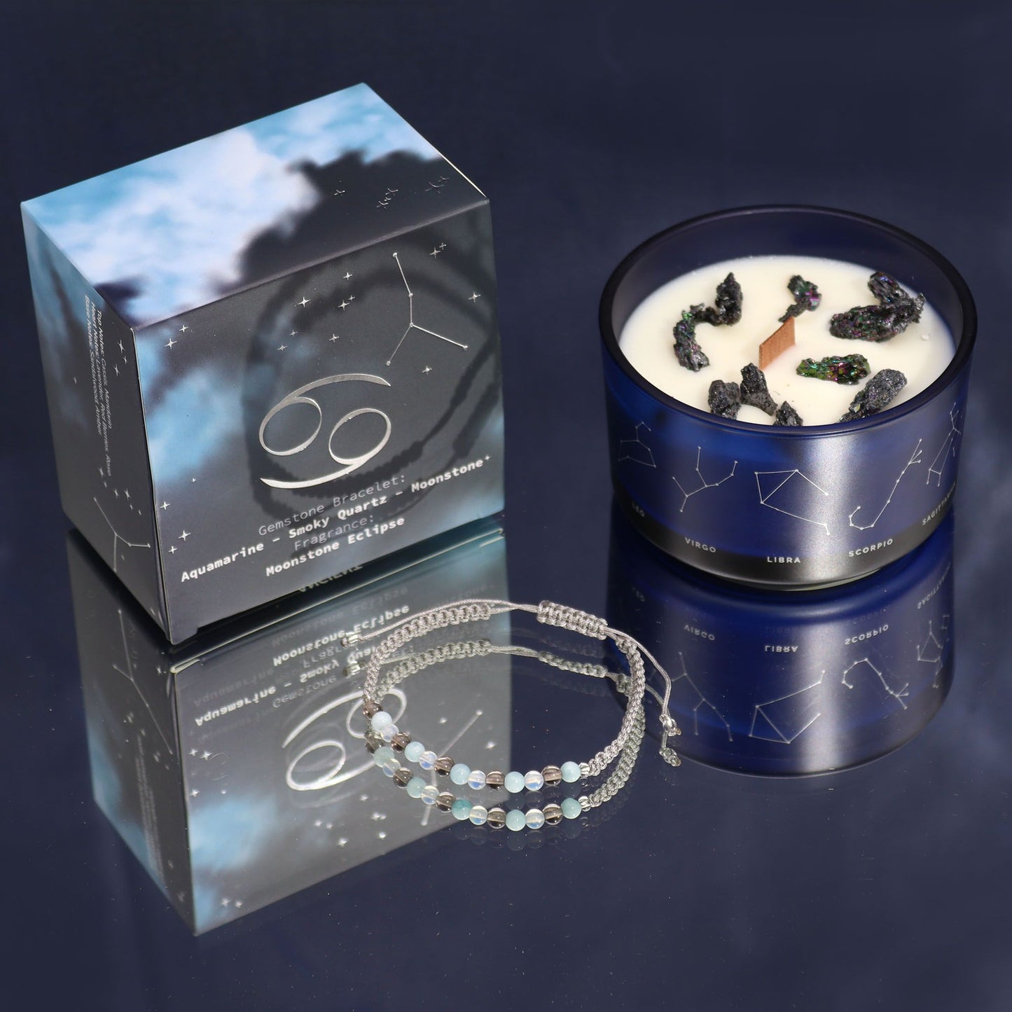 Cancer Zodiac Crystal Candle with Gemstone Bracelet | Star Sign Gift for Her