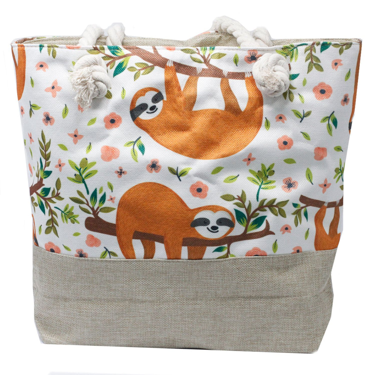 Rope Handle Tote Bag | Sloth Print | Canvas Beach & Shoulder Bag