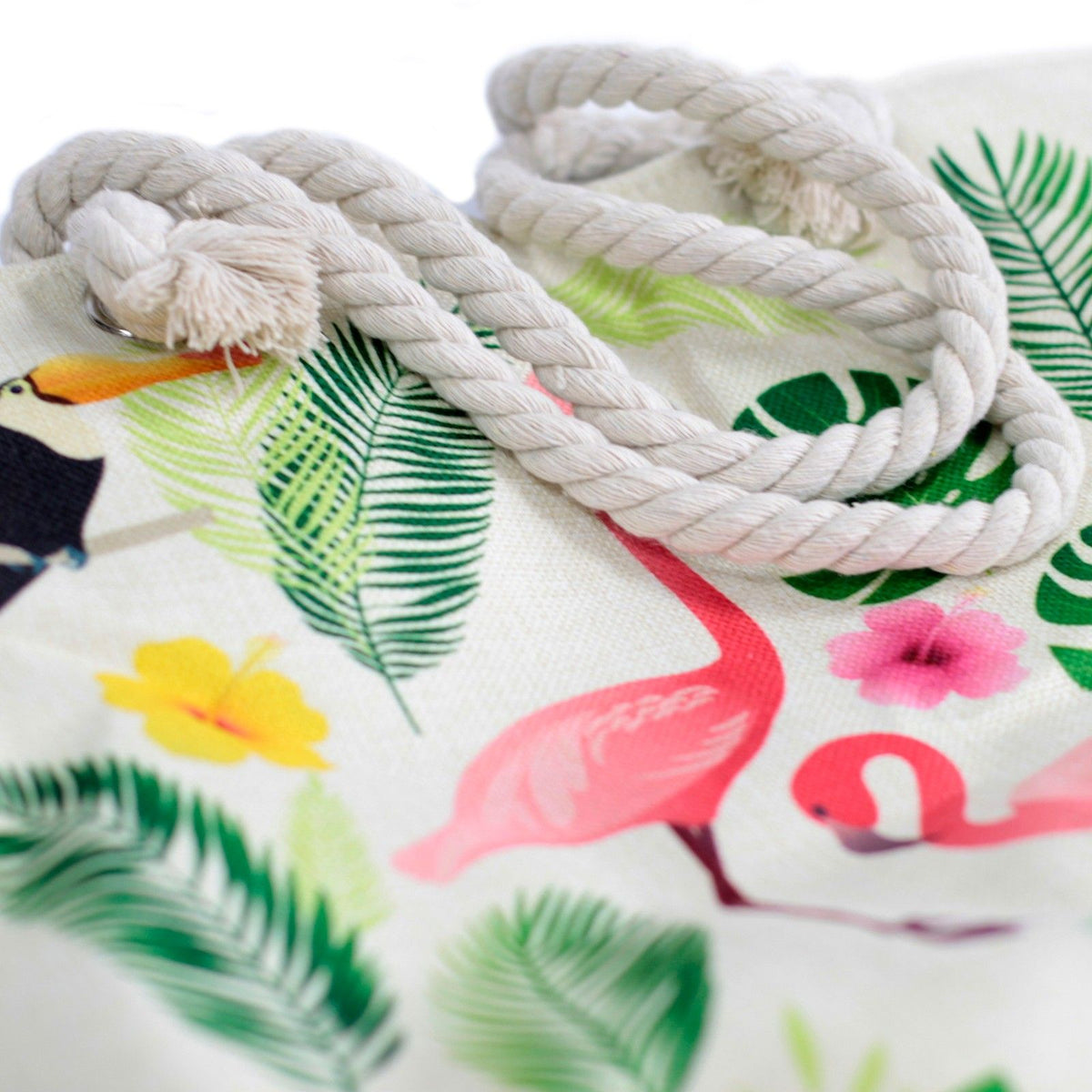 Rope Handle Tote Bag | Flamingo & Tropical Leaves | Canvas Beach Bag