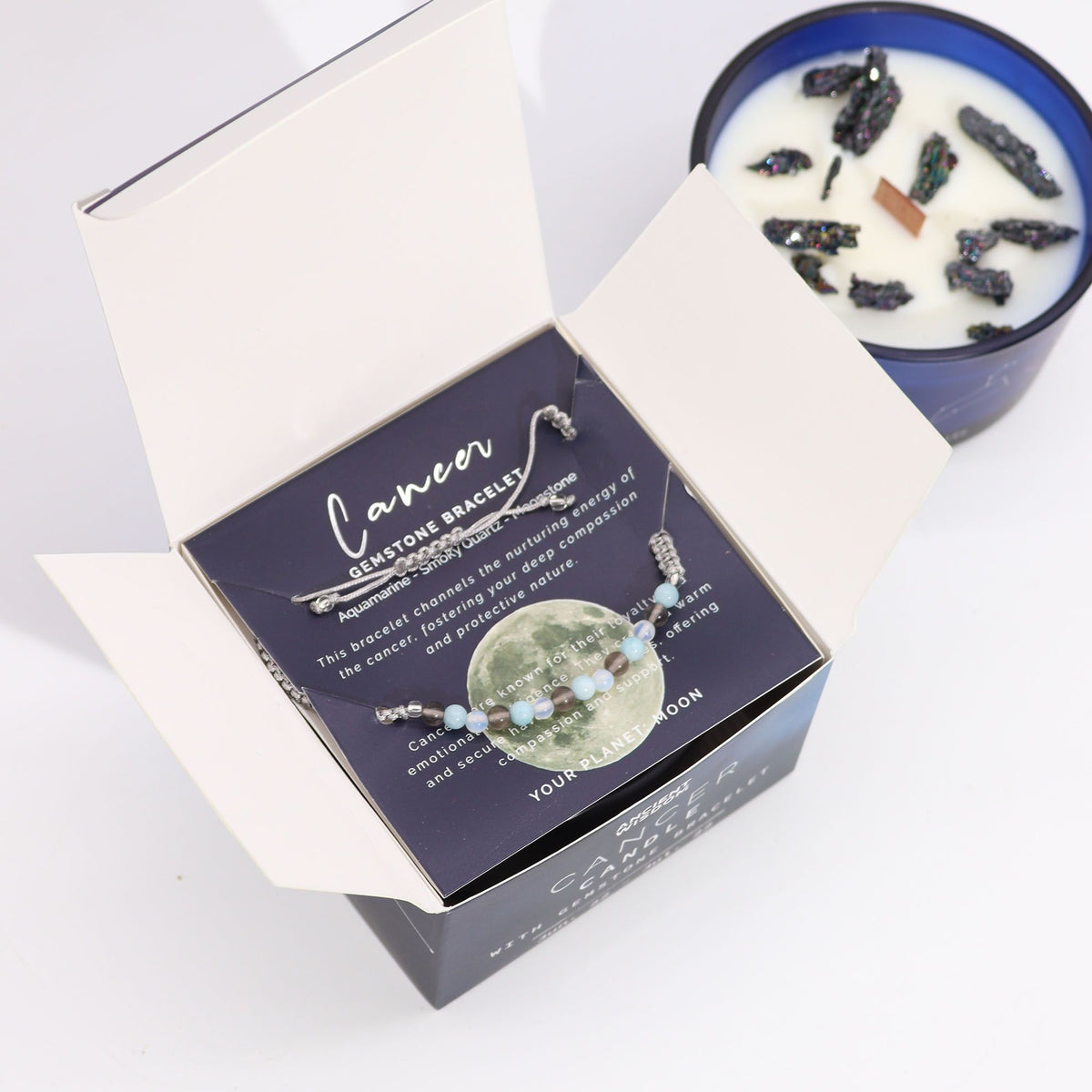 Cancer Zodiac Crystal Candle with Gemstone Bracelet | Star Sign Gift for Her