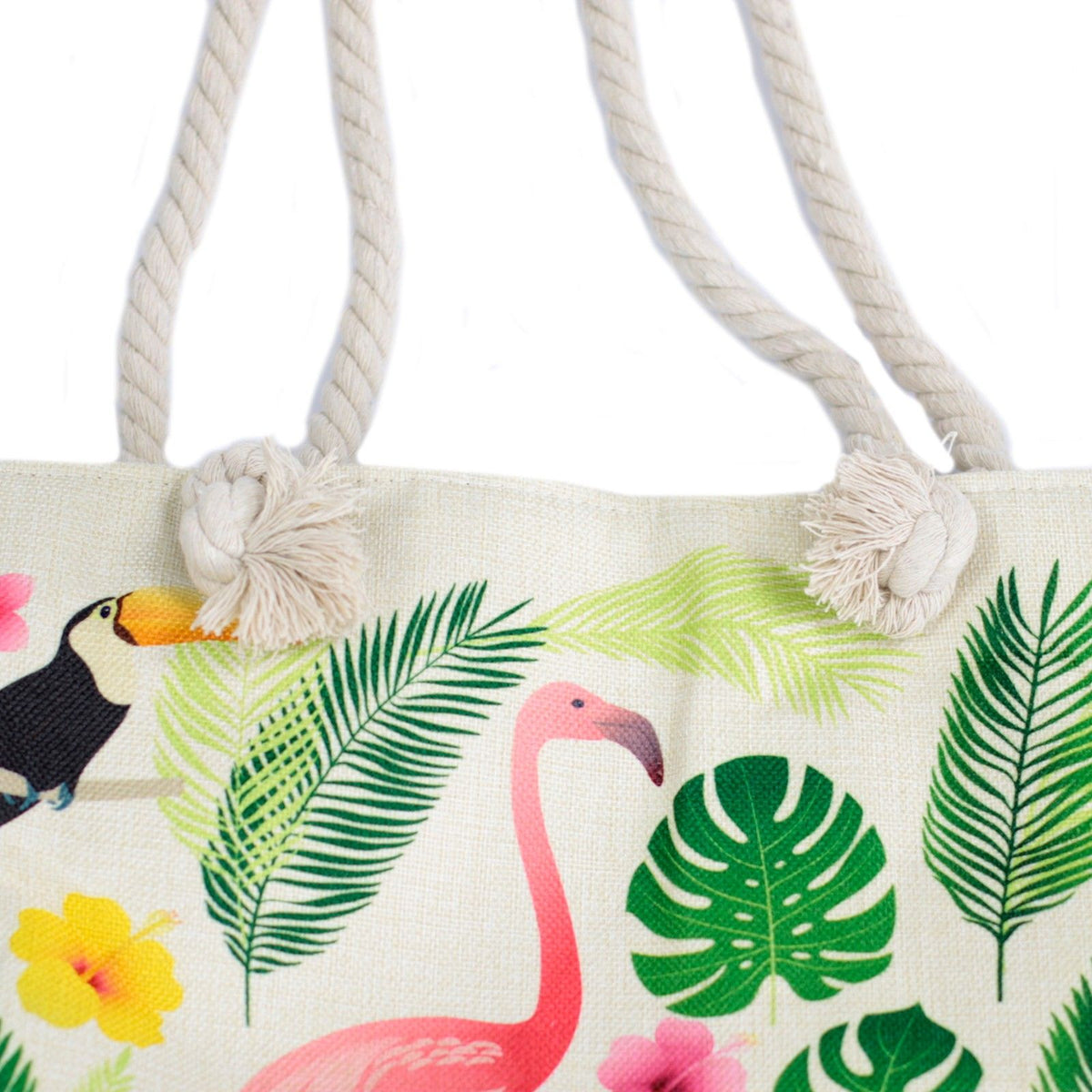 Rope Handle Tote Bag | Flamingo & Tropical Leaves | Canvas Beach Bag