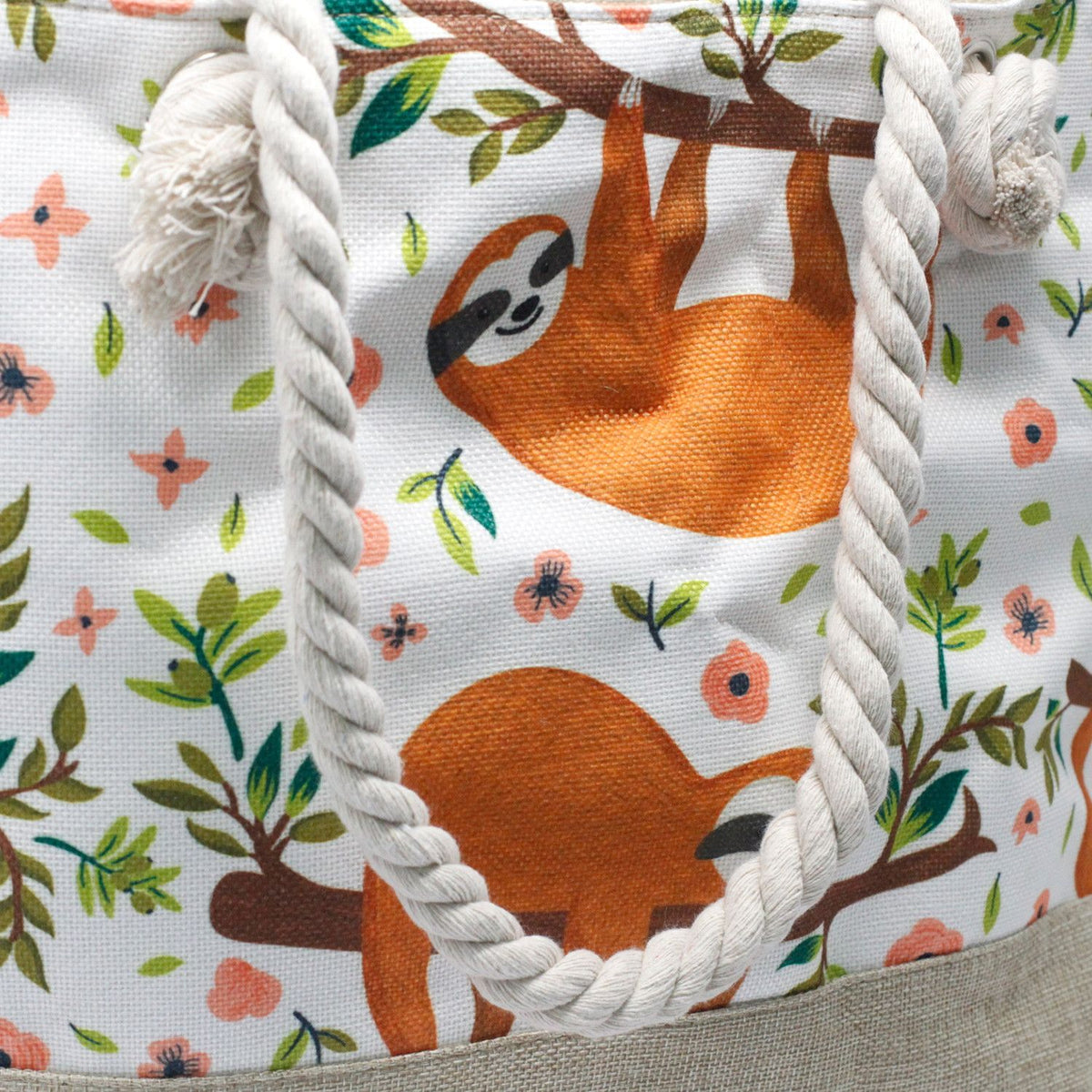 Rope Handle Tote Bag | Sloth Print | Canvas Beach & Shoulder Bag