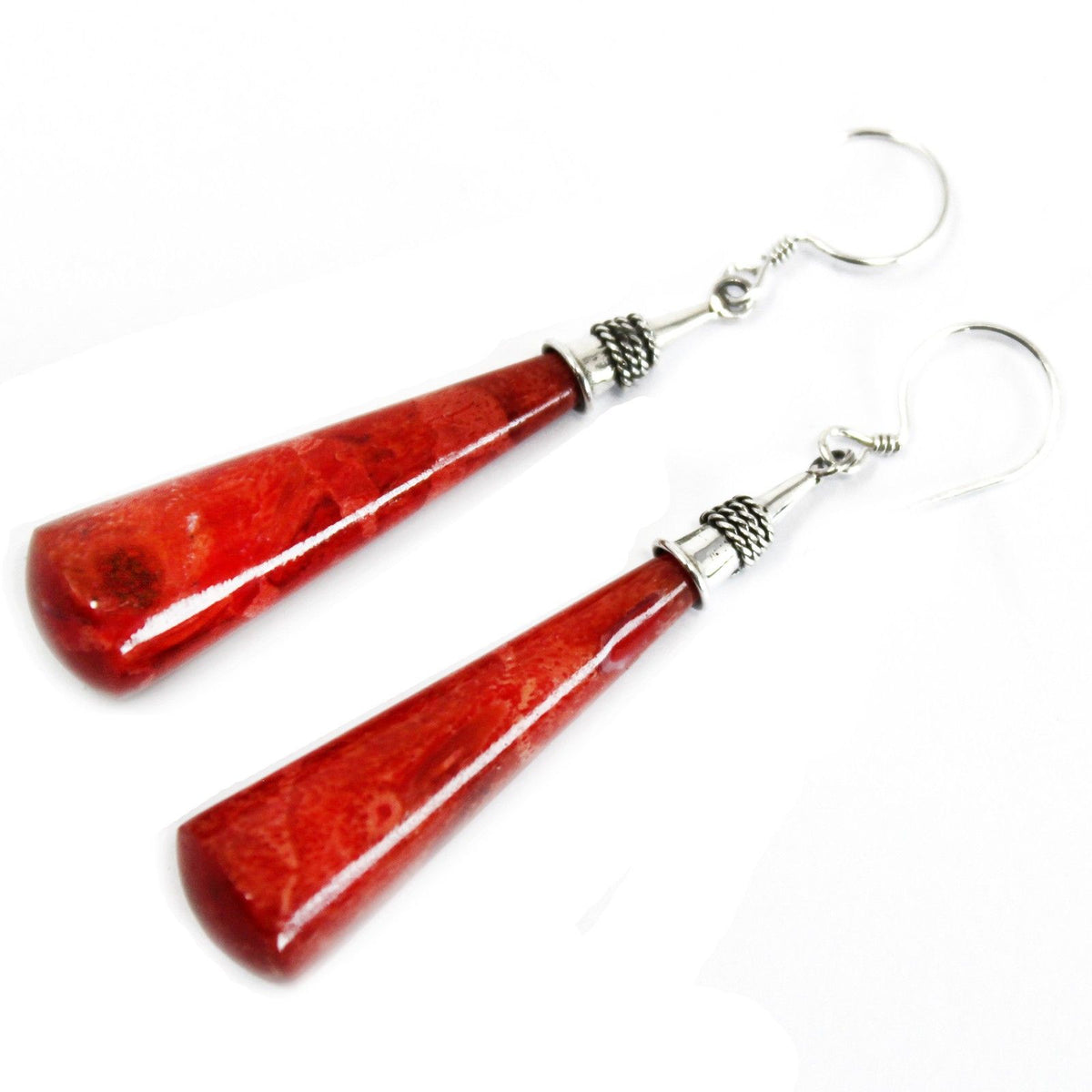 925 Silver Long Teardrop Earrings — Coral Resin | Handmade in Bali