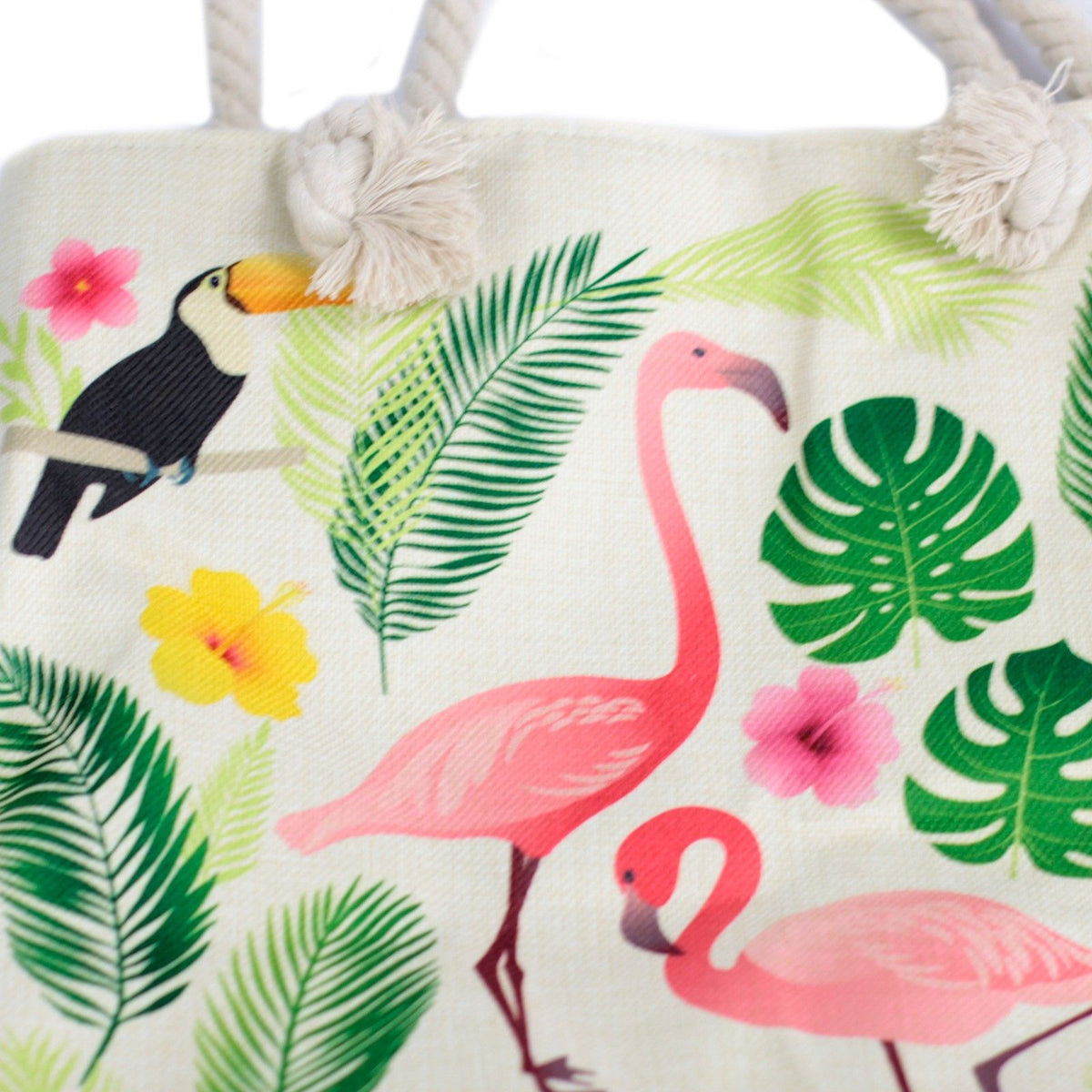 Rope Handle Tote Bag | Flamingo & Tropical Leaves | Canvas Beach Bag