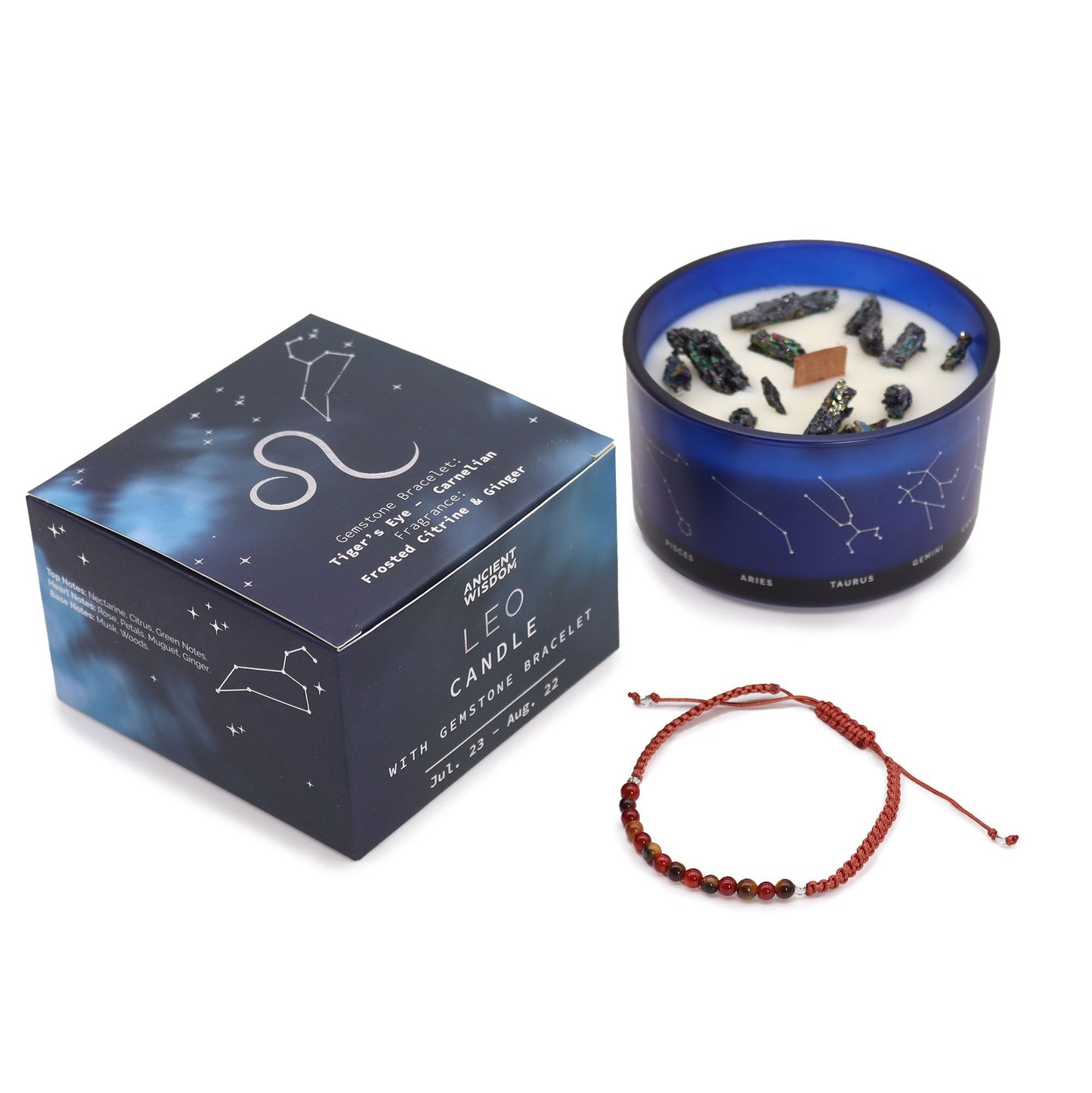 Leo Zodiac Crystal Candle with Gemstone Bracelet | Star Sign Gift for Her