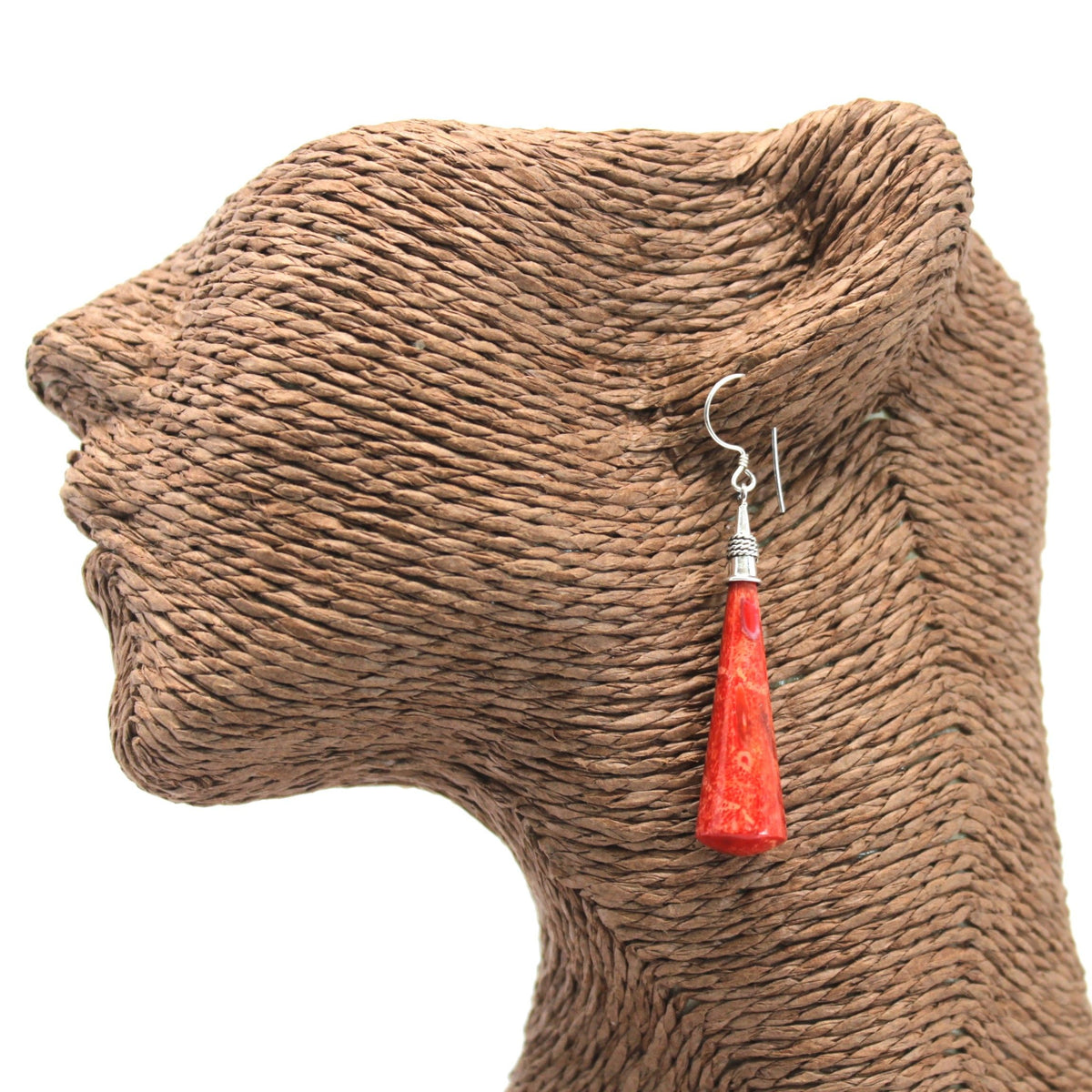 925 Silver Long Teardrop Earrings — Coral Resin | Handmade in Bali