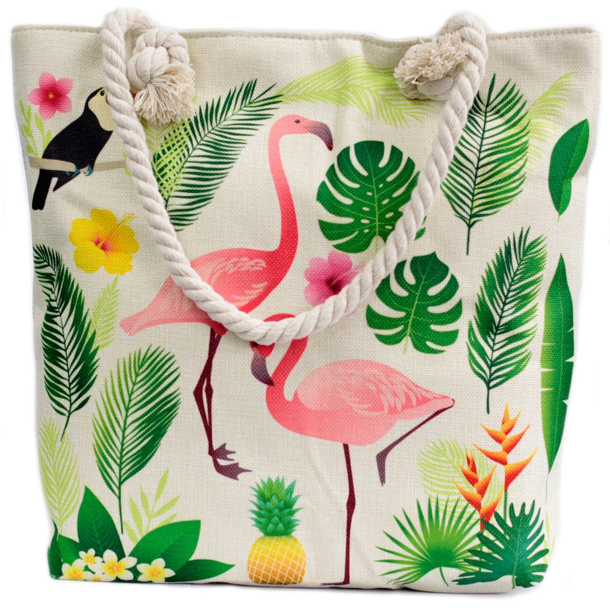 Rope Handle Tote Bag | Flamingo & Tropical Leaves | Canvas Beach Bag