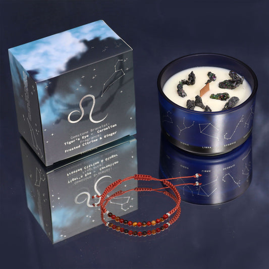 Leo Zodiac Crystal Candle with Gemstone Bracelet | Star Sign Gift for Her