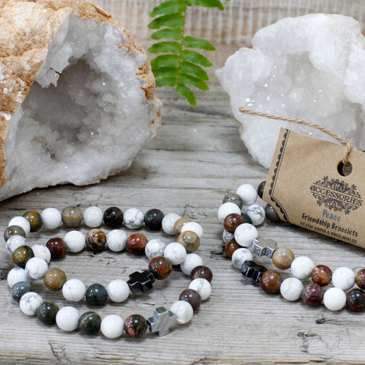 Gemstone Friendship Bracelets — Picasso Jasper & White Howlite | Peace | Set of 2