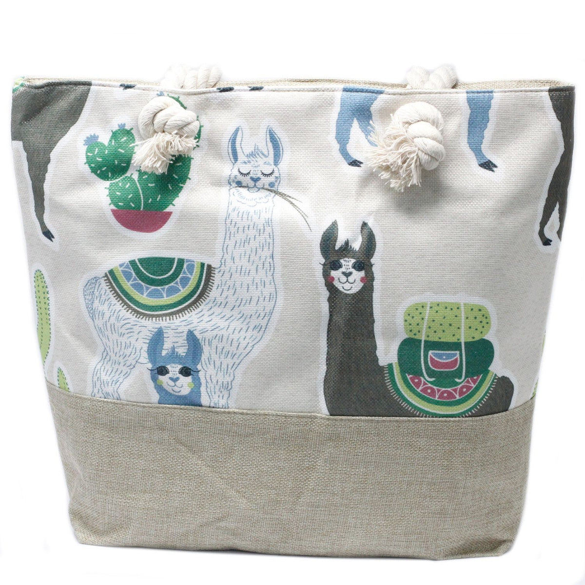 Rope Handle Tote Bag | Llama Print | Canvas Beach & Shoulder Bag