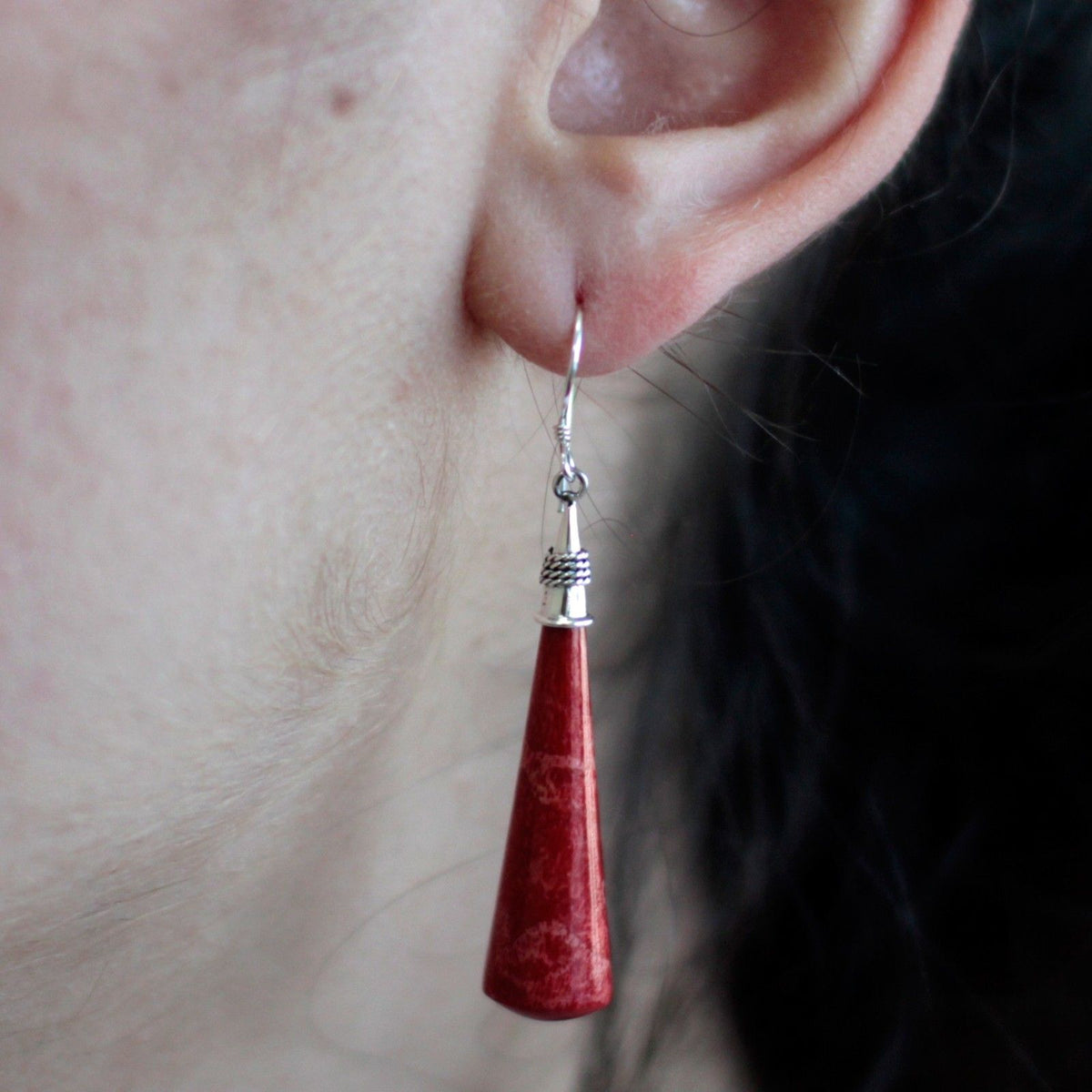 925 Silver Long Teardrop Earrings — Coral Resin | Handmade in Bali