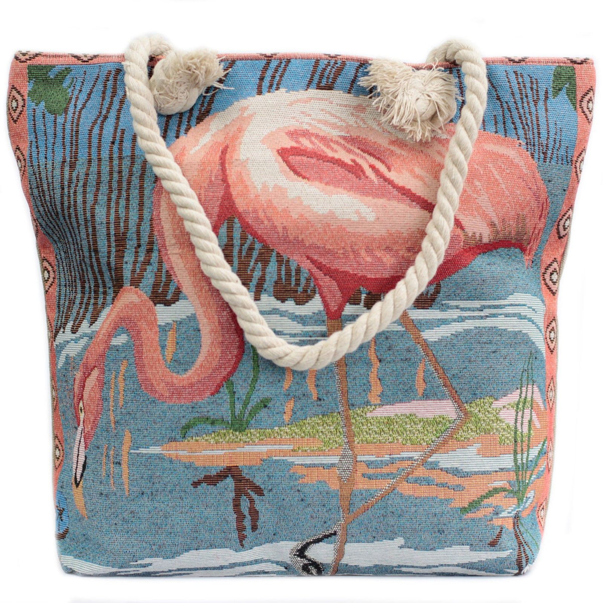 Rope Handle Tote Bag | Pink Flamingo Print | Canvas Beach & Shoulder Bag