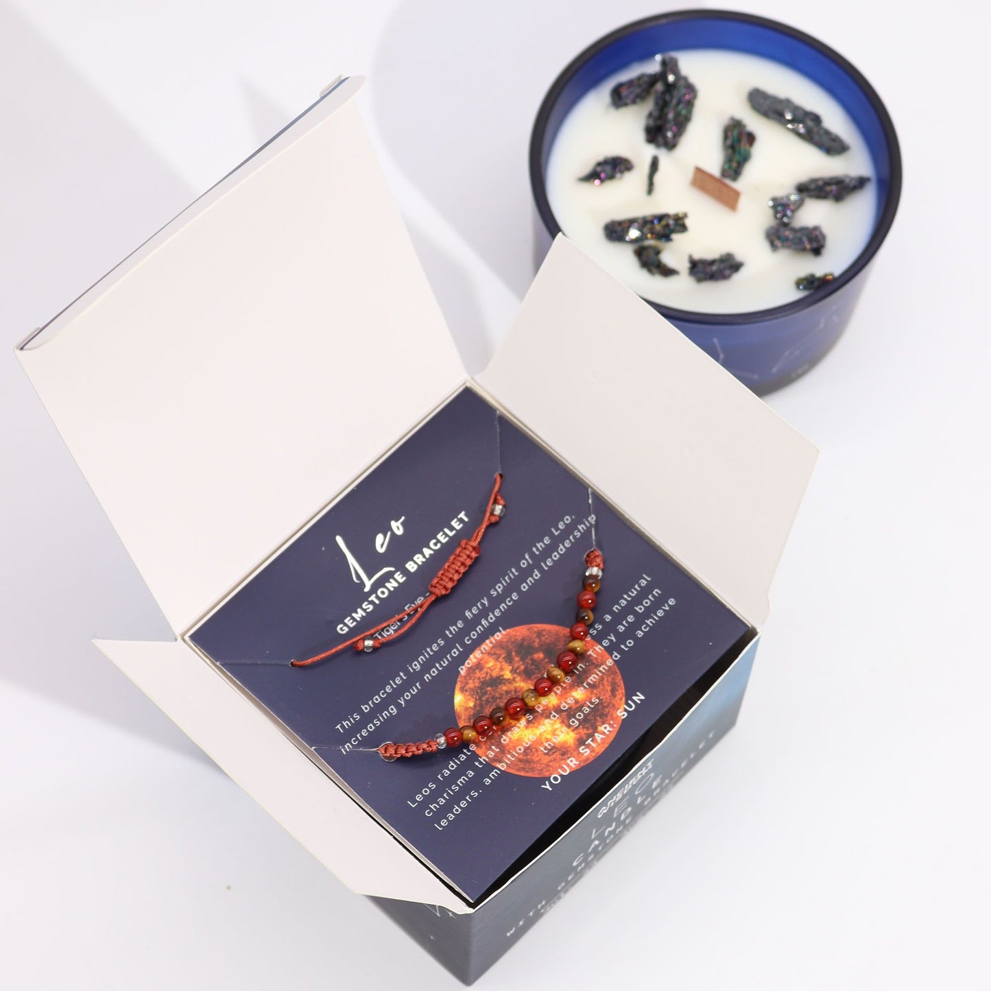 Leo Zodiac Crystal Candle with Gemstone Bracelet | Star Sign Gift for Her