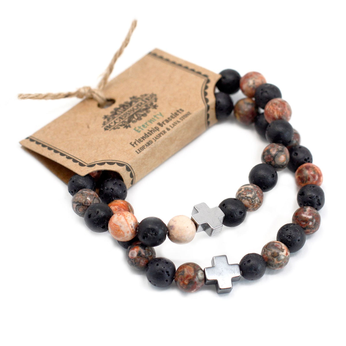 Gemstone Friendship Bracelets — Leopard Skin Jasper & Lava Stone | Eternity | Set of 2