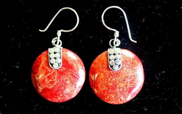 925 Silver Disc Décor Earrings — Coral Resin | Handmade in Bali