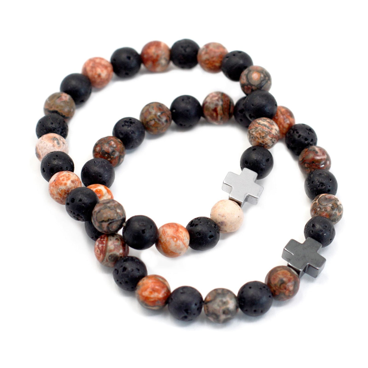 Gemstone Friendship Bracelets — Leopard Skin Jasper & Lava Stone | Eternity | Set of 2