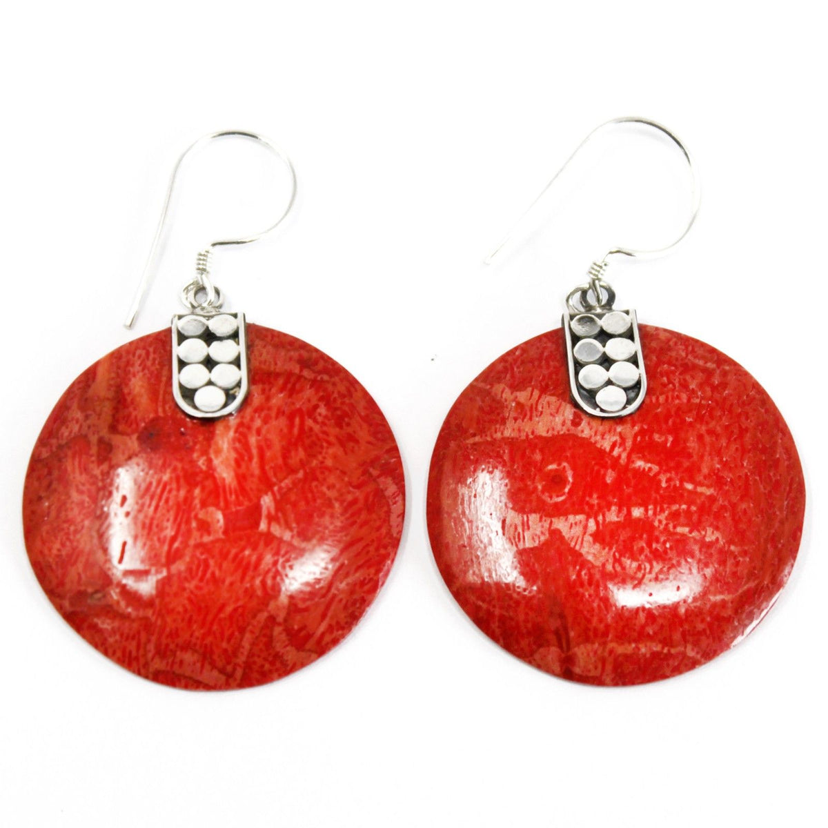 925 Silver Disc Décor Earrings — Coral Resin | Handmade in Bali